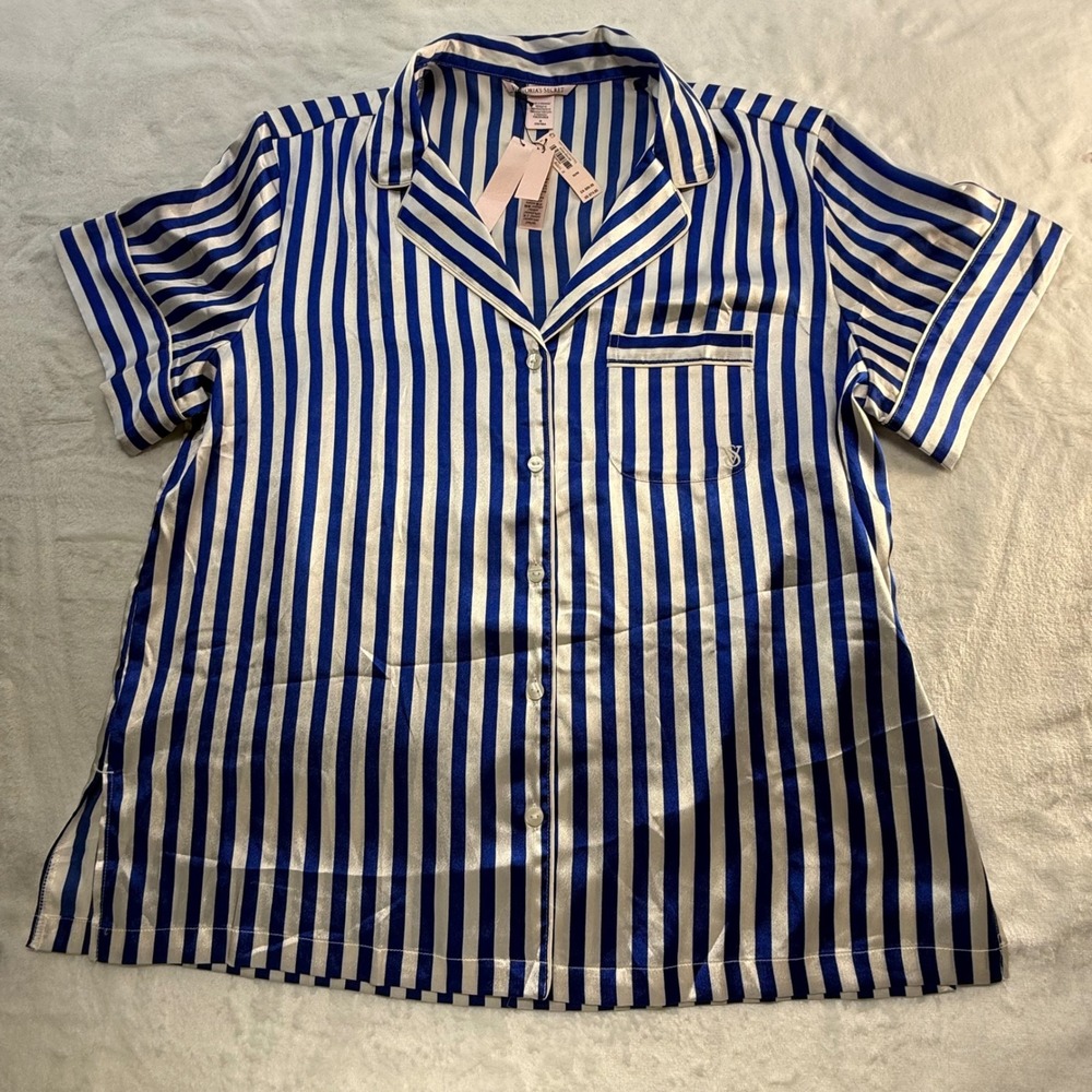 Victoria's Secret Pajama Top Blue White Iconic Striped Notch Collar Button NWT